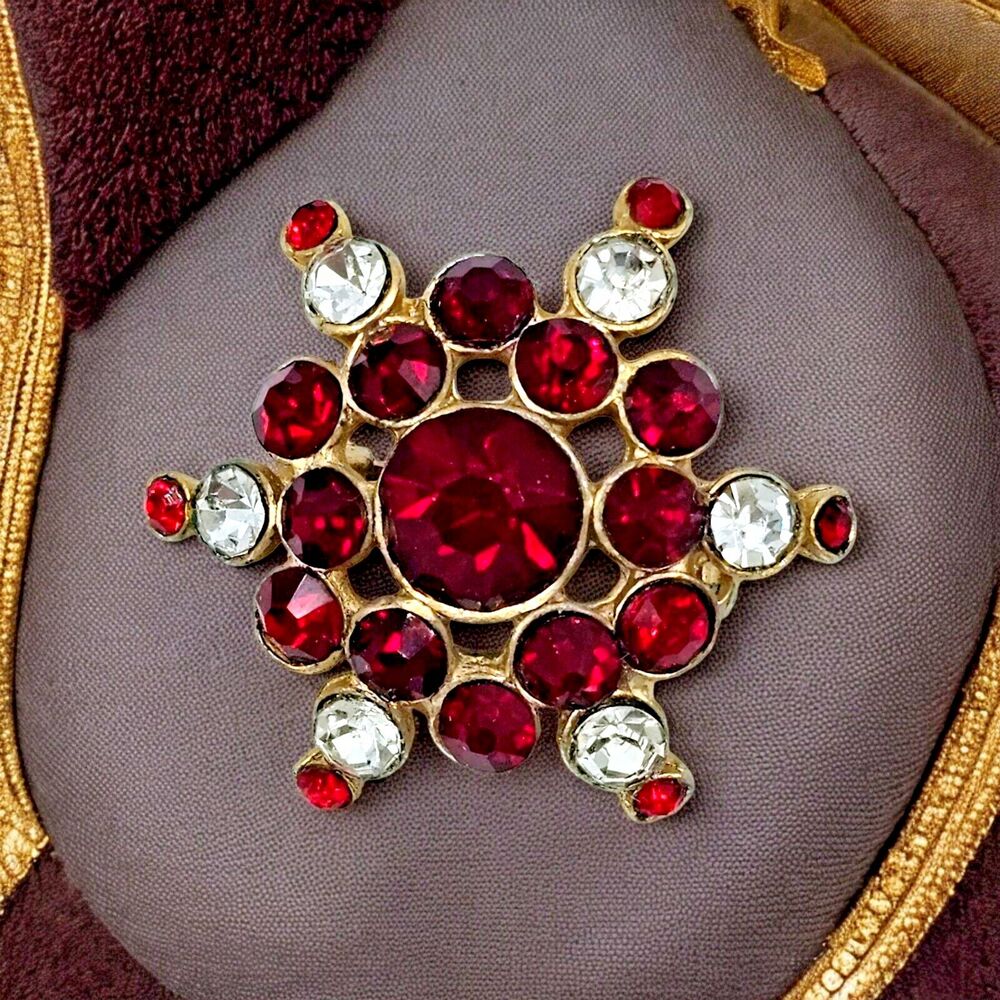 Vintage Star Burst Brooch Red Jewels Crystal Elegant Estate Jewelry Gem Pin